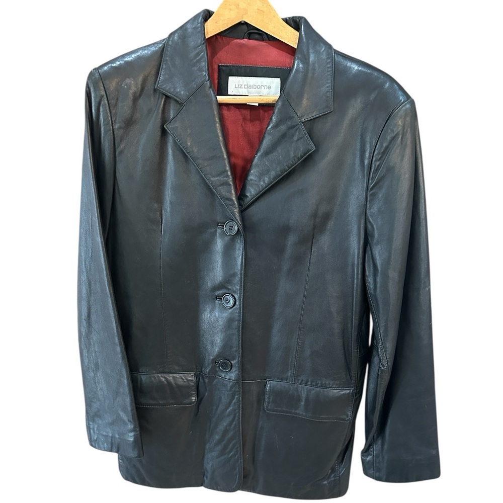 Liz Claiborne Black Soft Genuine Leather Button Down Jacket Size L